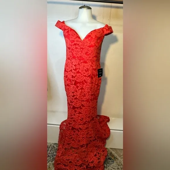 Red Lace Off the Shoulder Mermaid fit and flare long floor length maxi Dress