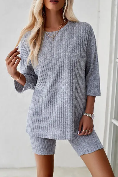 Ribbed Round Neck Top and Shorts Lounge Set (4 Colors)