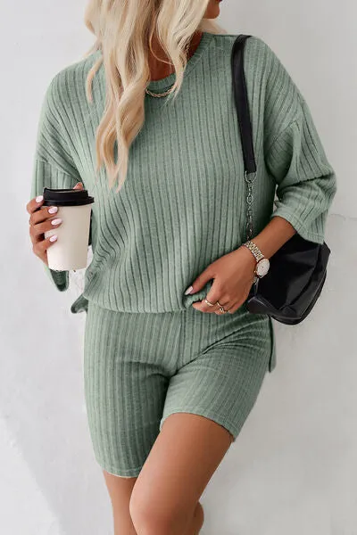 Ribbed Round Neck Top and Shorts Lounge Set (4 Colors)