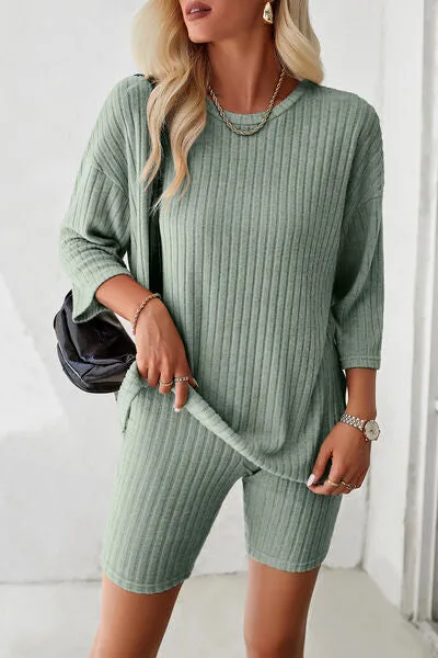 Ribbed Round Neck Top and Shorts Lounge Set (4 Colors)