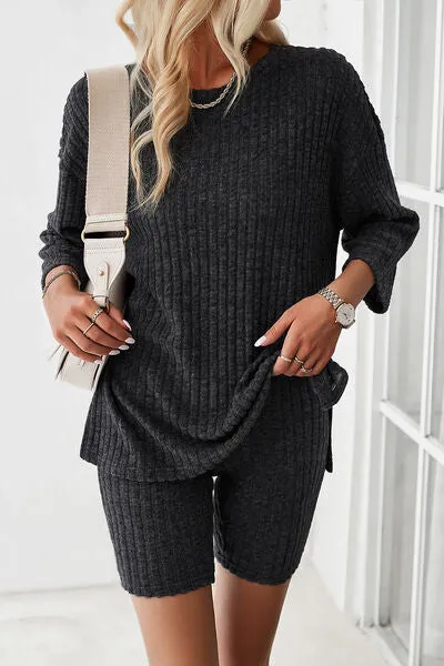 Ribbed Round Neck Top and Shorts Lounge Set (4 Colors)