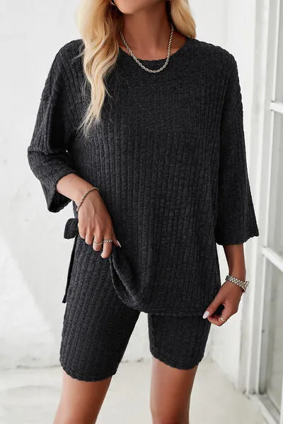 Ribbed Round Neck Top and Shorts Lounge Set (4 Colors)