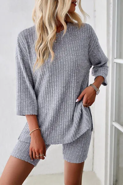 Ribbed Round Neck Top and Shorts Lounge Set (4 Colors)