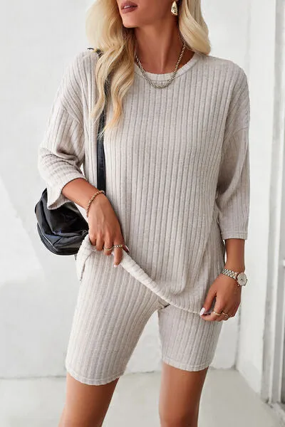 Ribbed Round Neck Top and Shorts Lounge Set (4 Colors)