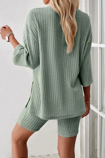 Ribbed Round Neck Top and Shorts Lounge Set (4 Colors)