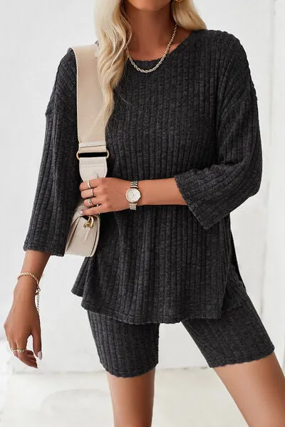 Ribbed Round Neck Top and Shorts Lounge Set (4 Colors)