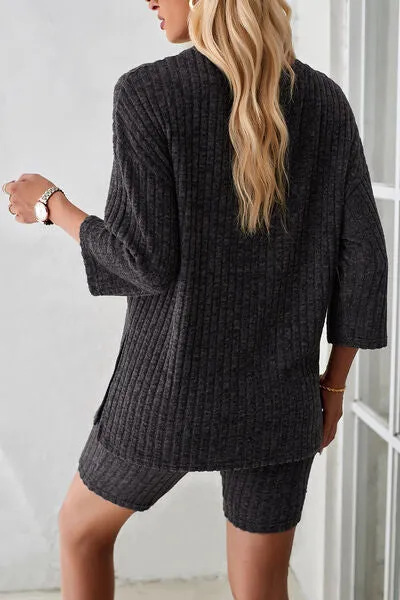 Ribbed Round Neck Top and Shorts Lounge Set (4 Colors)