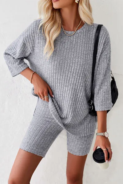 Ribbed Round Neck Top and Shorts Lounge Set (4 Colors)