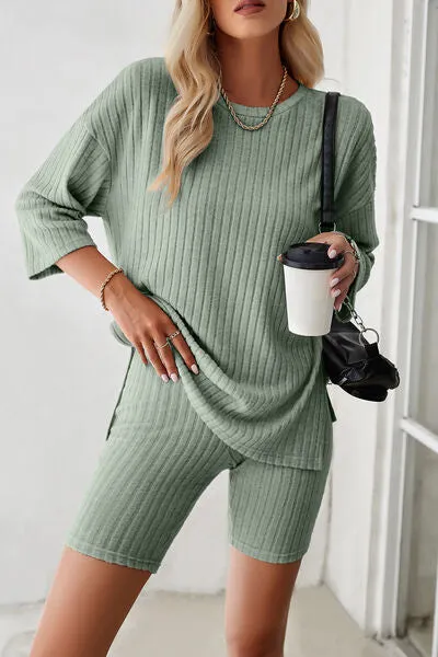 Ribbed Round Neck Top and Shorts Lounge Set (4 Colors)