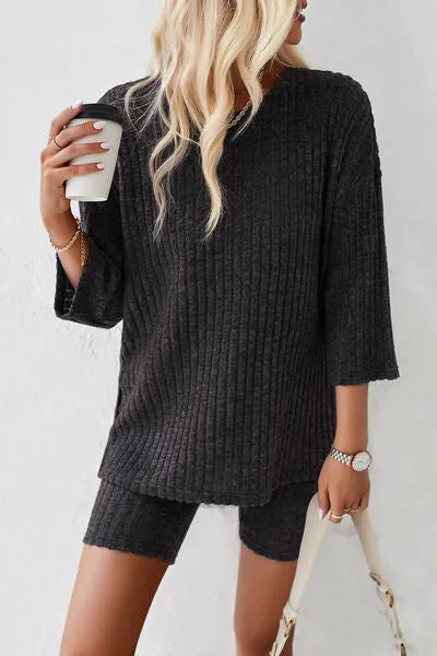Ribbed Round Neck Top and Shorts Lounge Set (4 Colors)