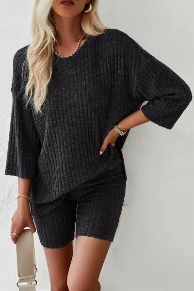 Ribbed Round Neck Top and Shorts Lounge Set (4 Colors)