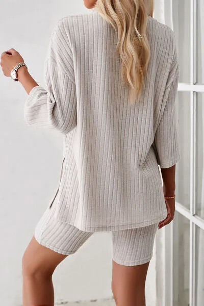 Ribbed Round Neck Top and Shorts Lounge Set (4 Colors)