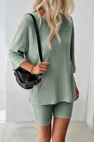 Ribbed Round Neck Top and Shorts Lounge Set (4 Colors)