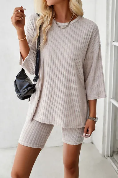 Ribbed Round Neck Top and Shorts Lounge Set (4 Colors)