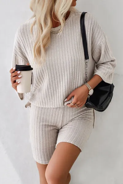 Ribbed Round Neck Top and Shorts Lounge Set (4 Colors)