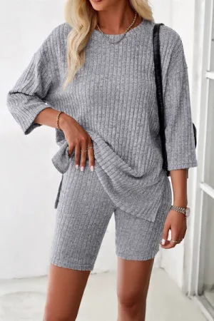 Ribbed Round Neck Top and Shorts Lounge Set (4 Colors)