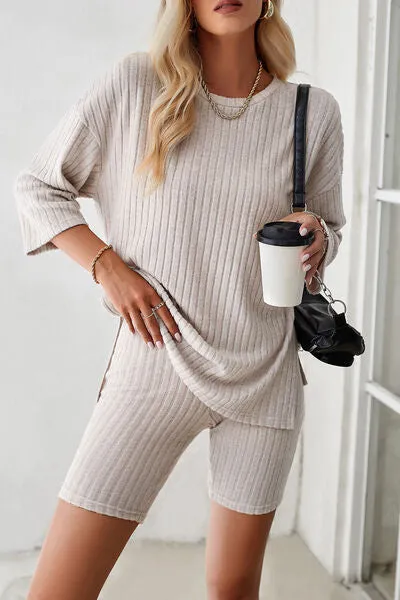 Ribbed Round Neck Top and Shorts Lounge Set (4 Colors)