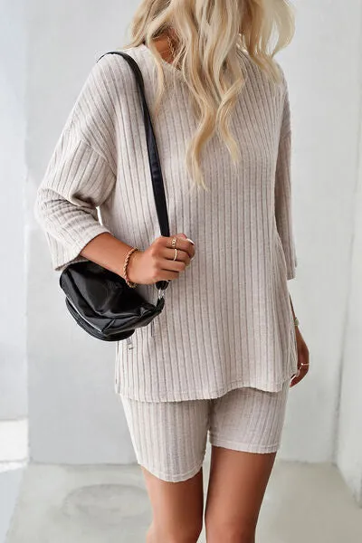 Ribbed Round Neck Top and Shorts Lounge Set (4 Colors)