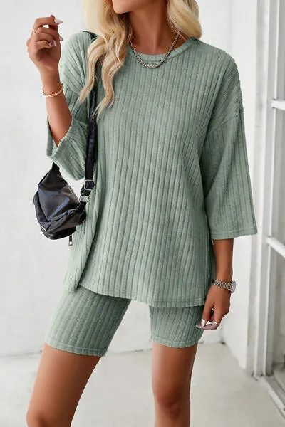Ribbed Round Neck Top and Shorts Lounge Set (4 Colors)