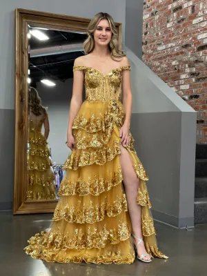 Roycebridal Gold Princess A Line Off the Shoulder Corset Prom Dress with Lace Ruffles