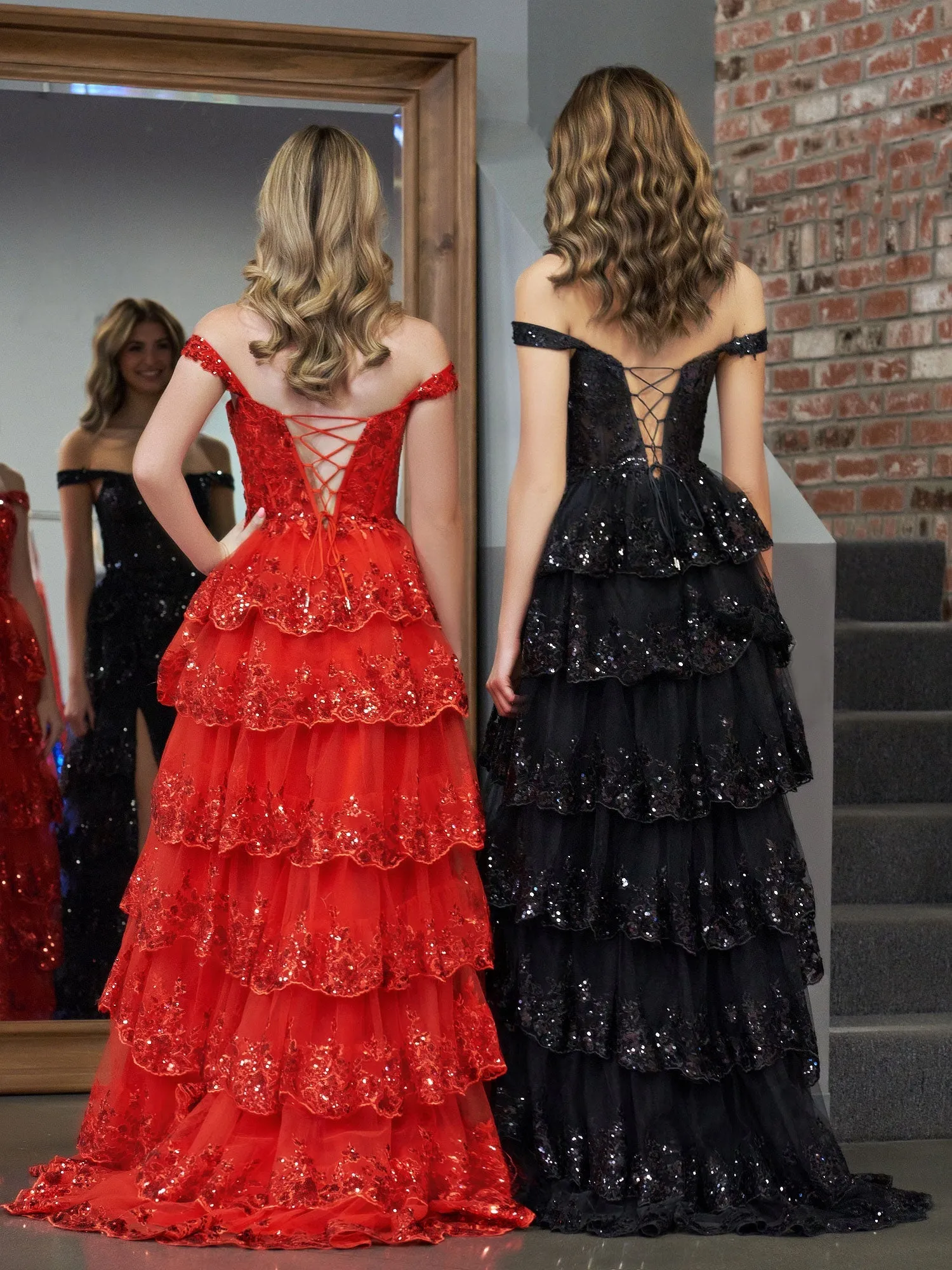 Roycebridal Red Princess A Line Off the Shoulder Corset Prom Dress with Lace Ruffles