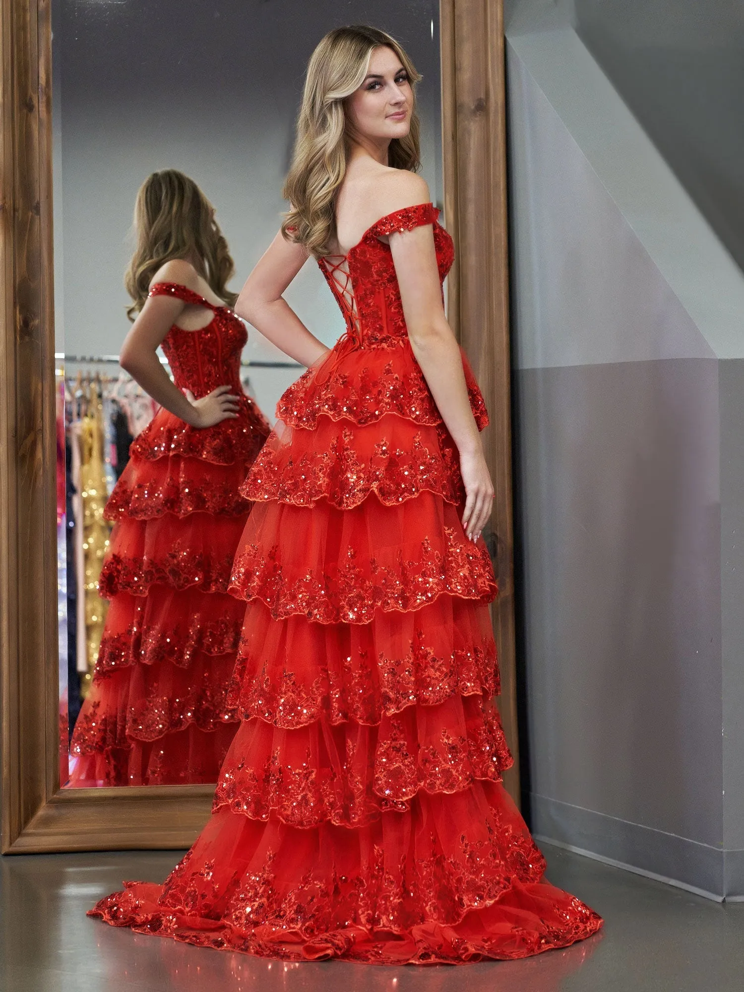Roycebridal Red Princess A Line Off the Shoulder Corset Prom Dress with Lace Ruffles