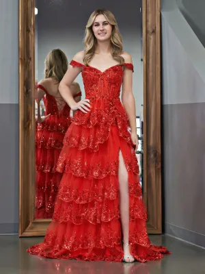 Roycebridal Red Princess A Line Off the Shoulder Corset Prom Dress with Lace Ruffles