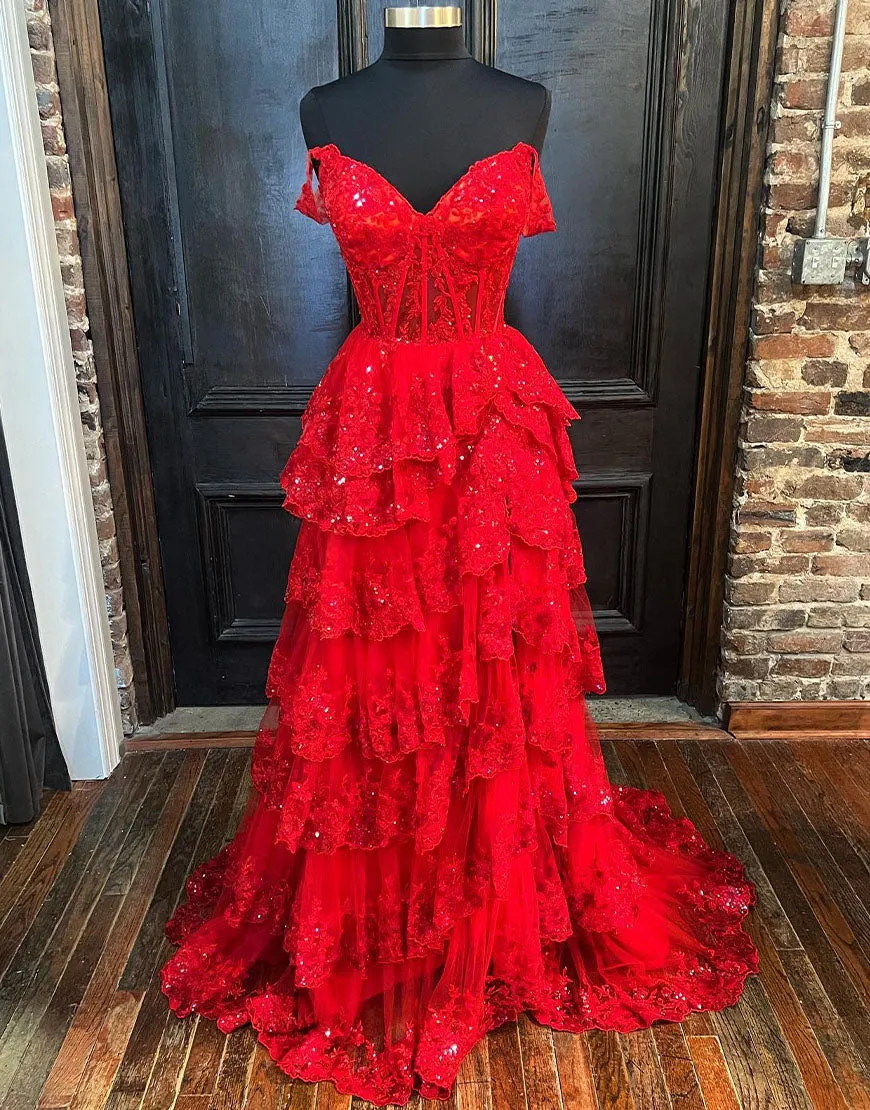Roycebridal Red Princess A Line Off the Shoulder Corset Prom Dress with Lace Ruffles