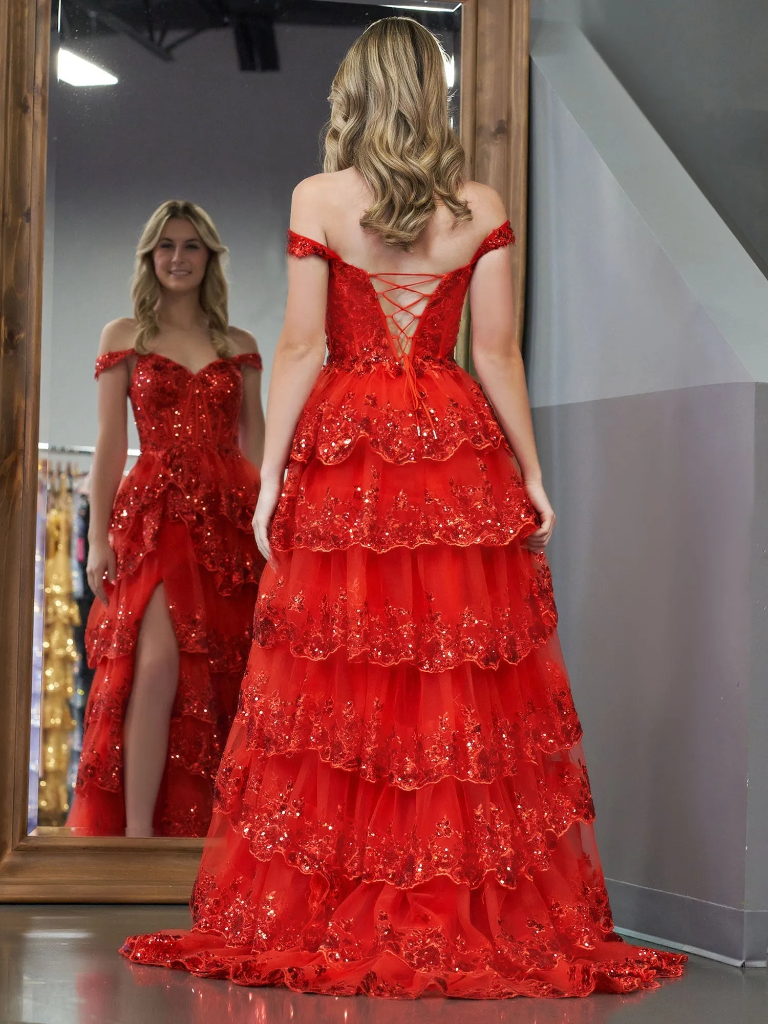 Roycebridal Red Princess A Line Off the Shoulder Corset Prom Dress with Lace Ruffles
