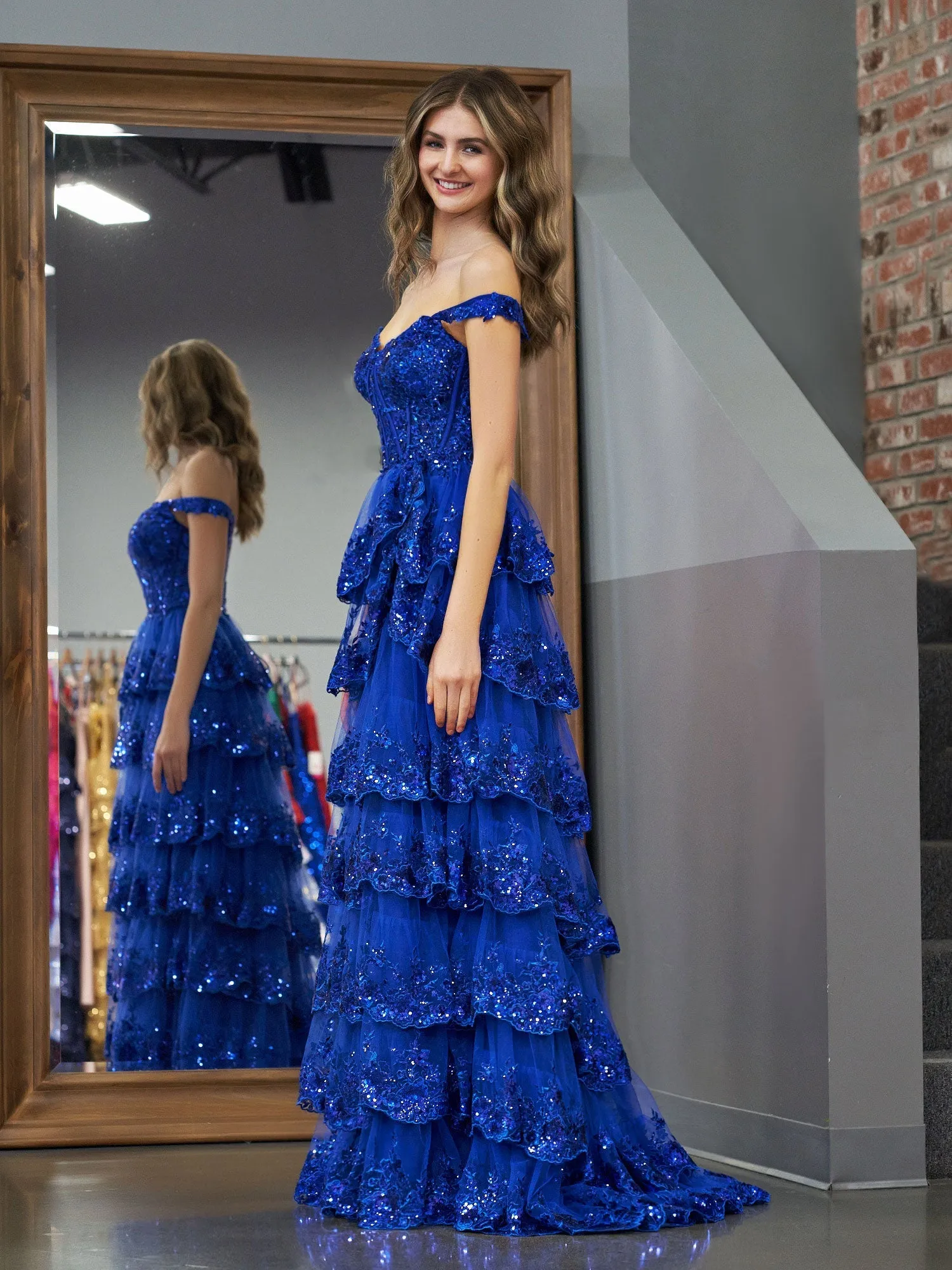 Roycebridal Royal Blue Princess A Line Off the Shoulder Corset Prom Dress with Lace Ruffles
