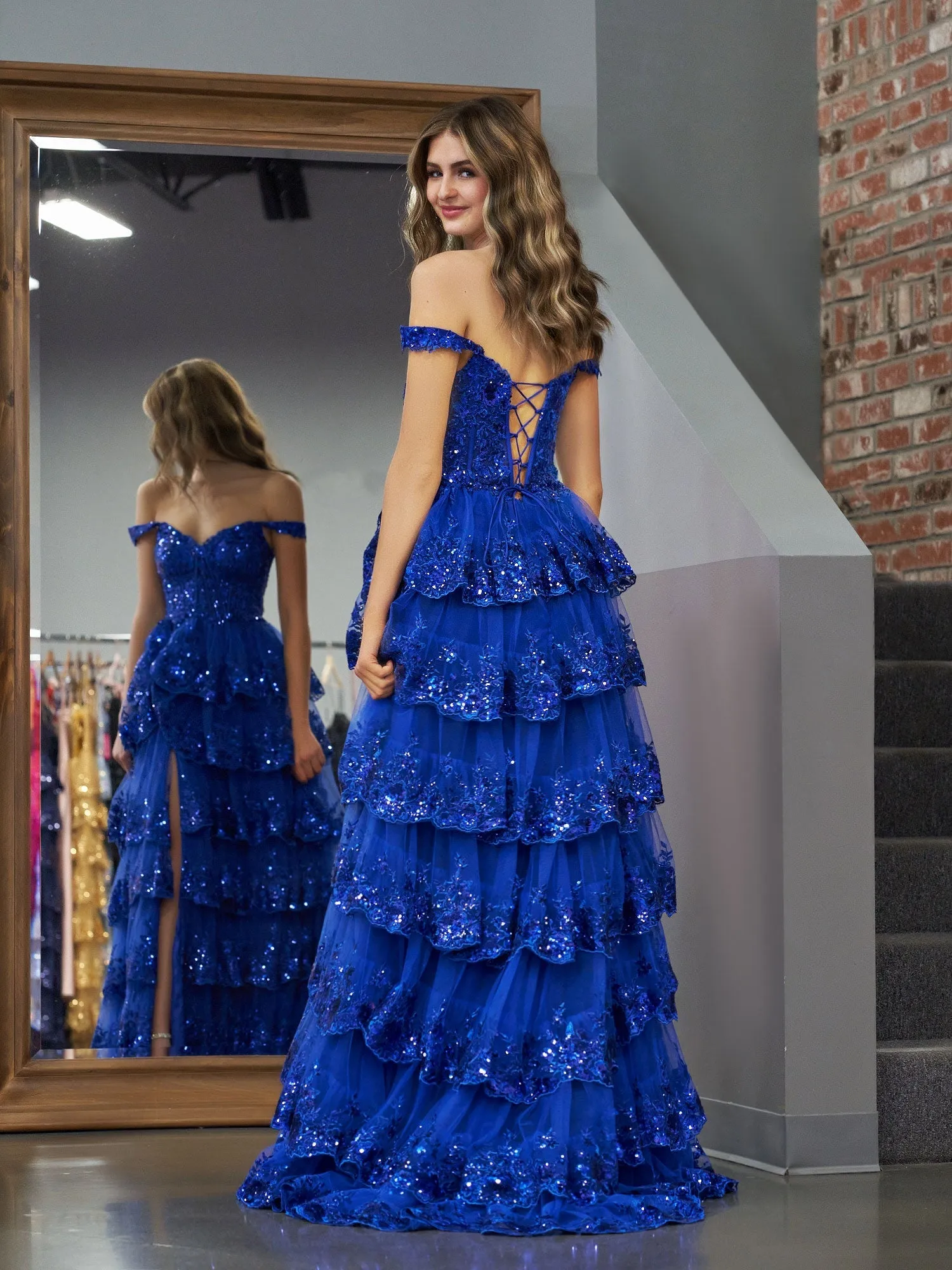 Roycebridal Royal Blue Princess A Line Off the Shoulder Corset Prom Dress with Lace Ruffles