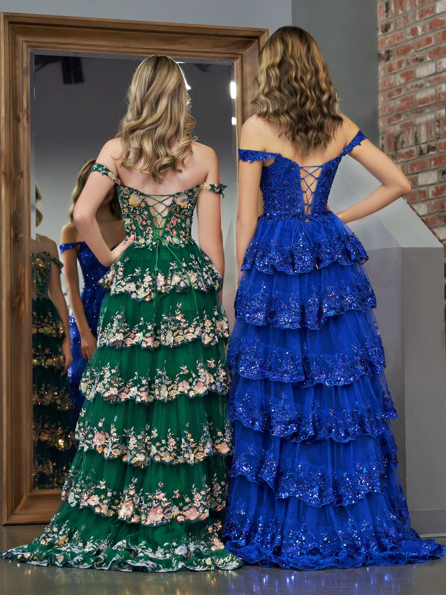 Roycebridal Royal Blue Princess A Line Off the Shoulder Corset Prom Dress with Lace Ruffles