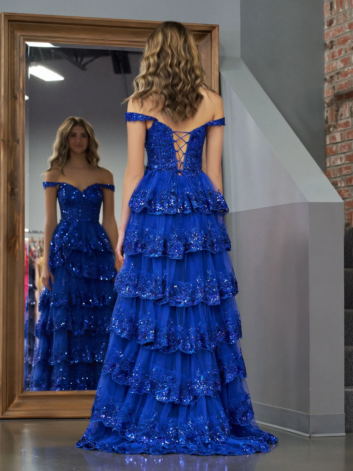 Roycebridal Royal Blue Princess A Line Off the Shoulder Corset Prom Dress with Lace Ruffles