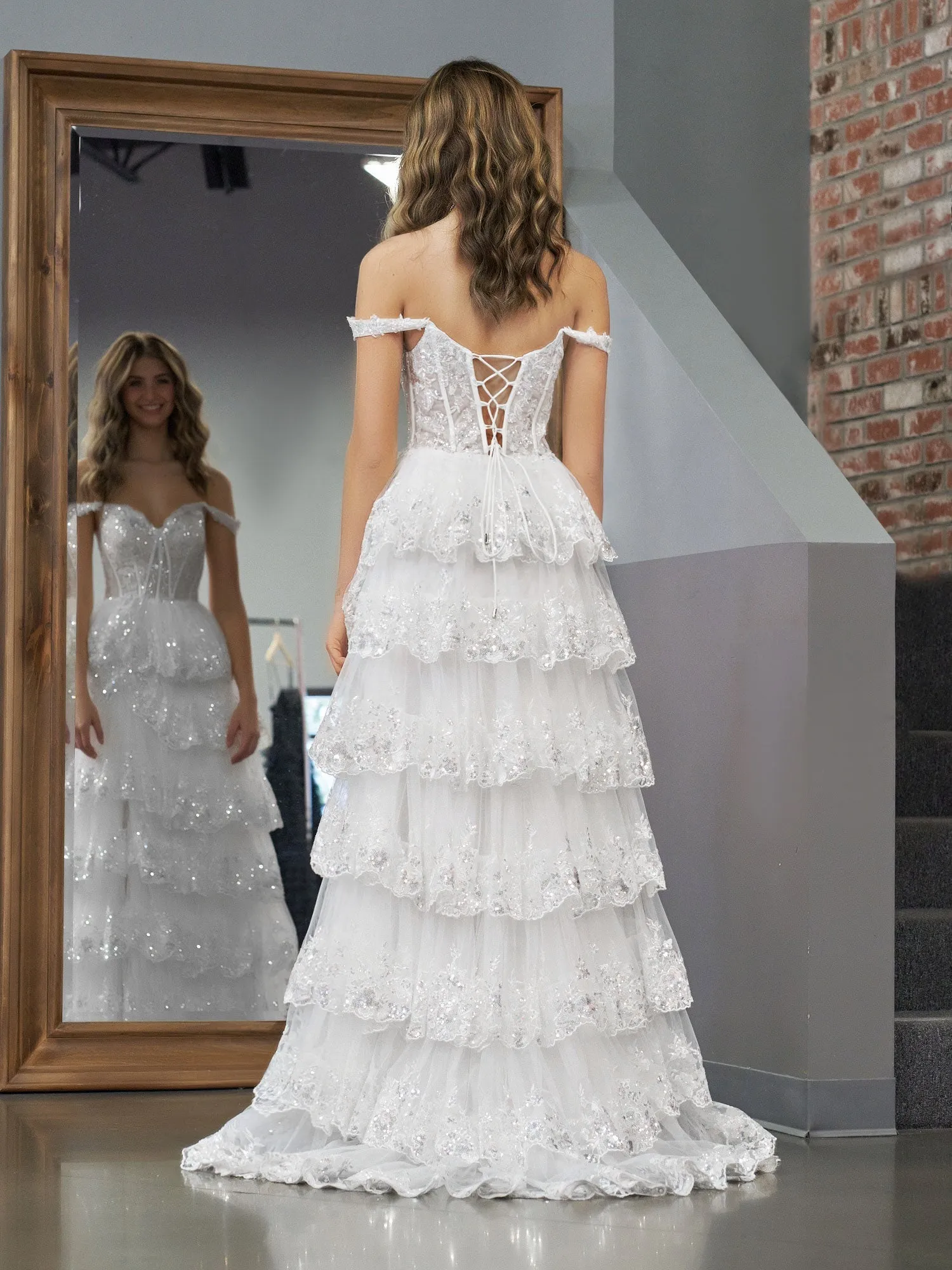 Roycebridal White Princess A Line Off the Shoulder White Corset Prom Dress with Lace Ruffles