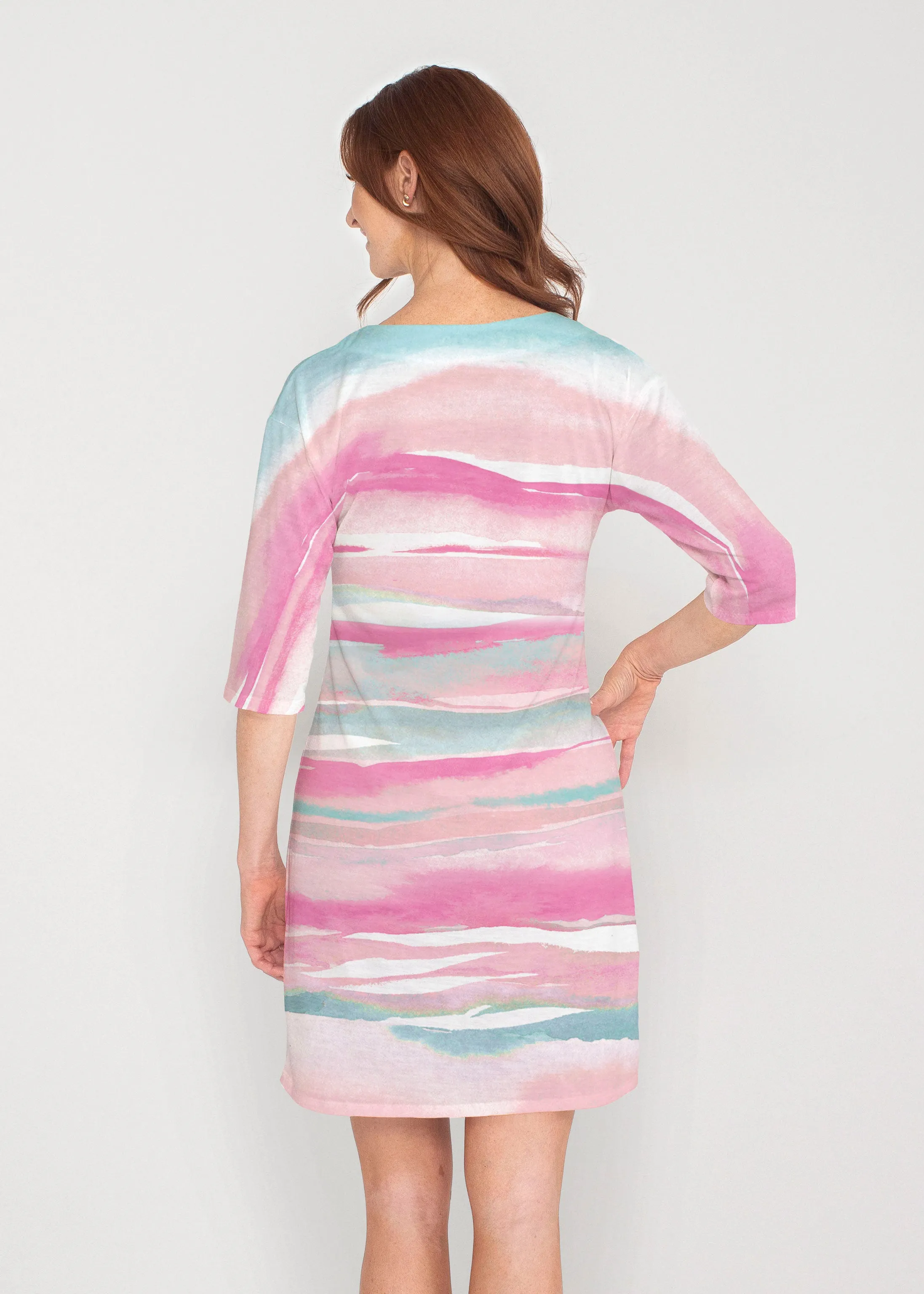Sand Dunes Pink (16250) ~ Drop Shoulder 3/4 Sleeve V-Neck Dress