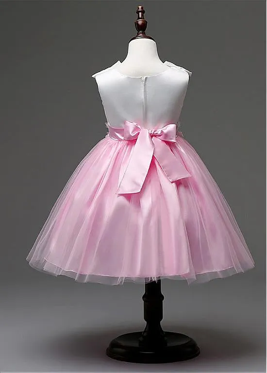 Satin & Tulle Scoop Neckline Ball Gown Flower Girl Dresses With Handmade Flowers
