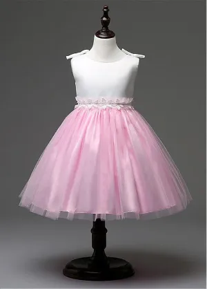 Satin & Tulle Scoop Neckline Ball Gown Flower Girl Dresses With Handmade Flowers