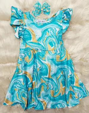 Seafoam Swirl Flutter Sleeve Twirl Dress   Bow