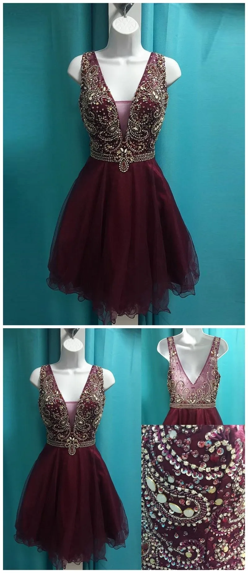 See Through V Neck Cute Beaded Maroon Homecoming Dresses 2018, BDY0262