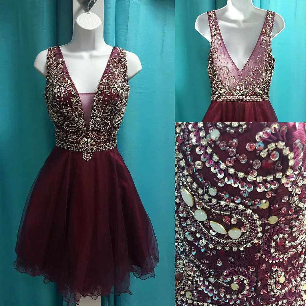 See Through V Neck Cute Beaded Maroon Homecoming Dresses 2018, BDY0262