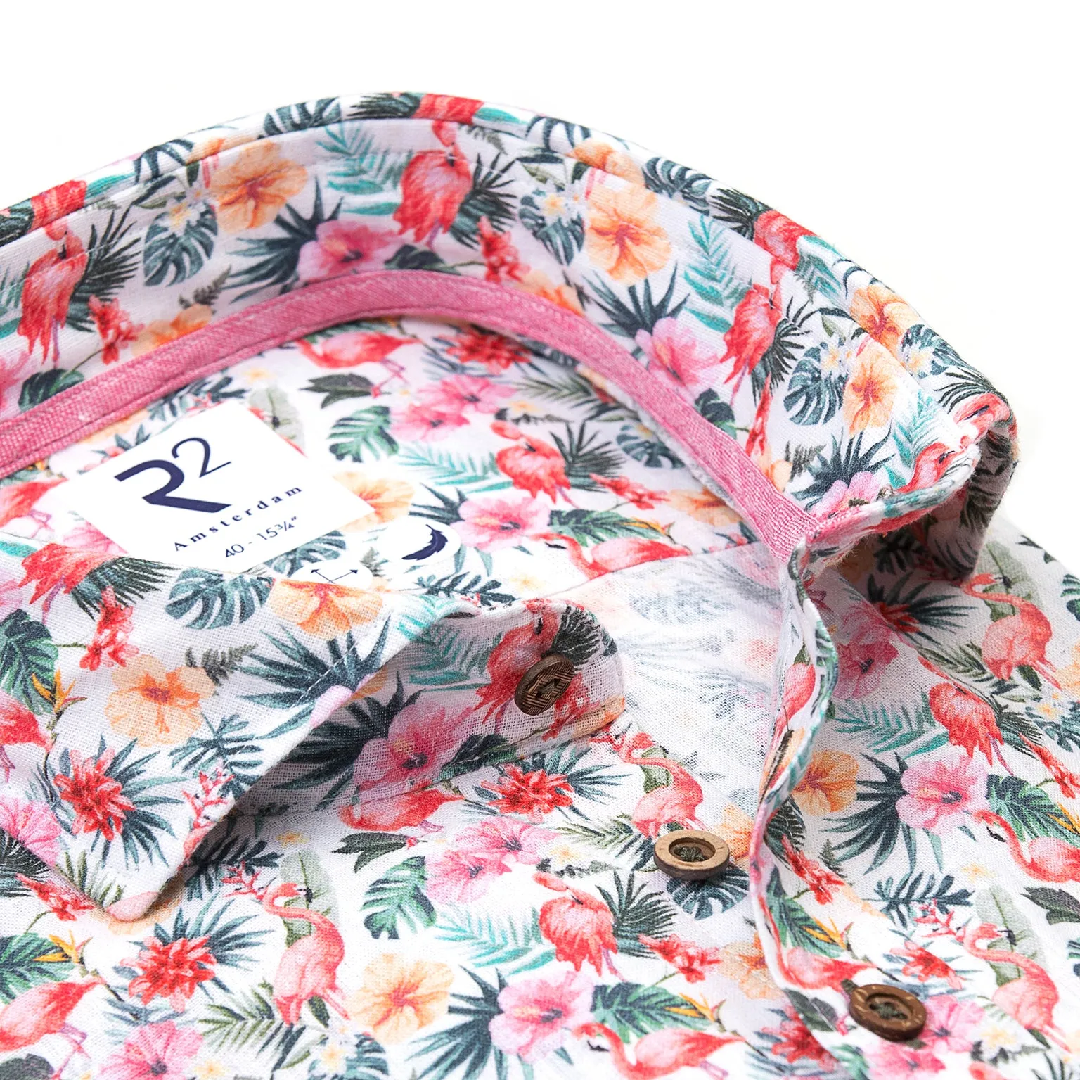 Short-sleeve flamingo print linen blend shirt