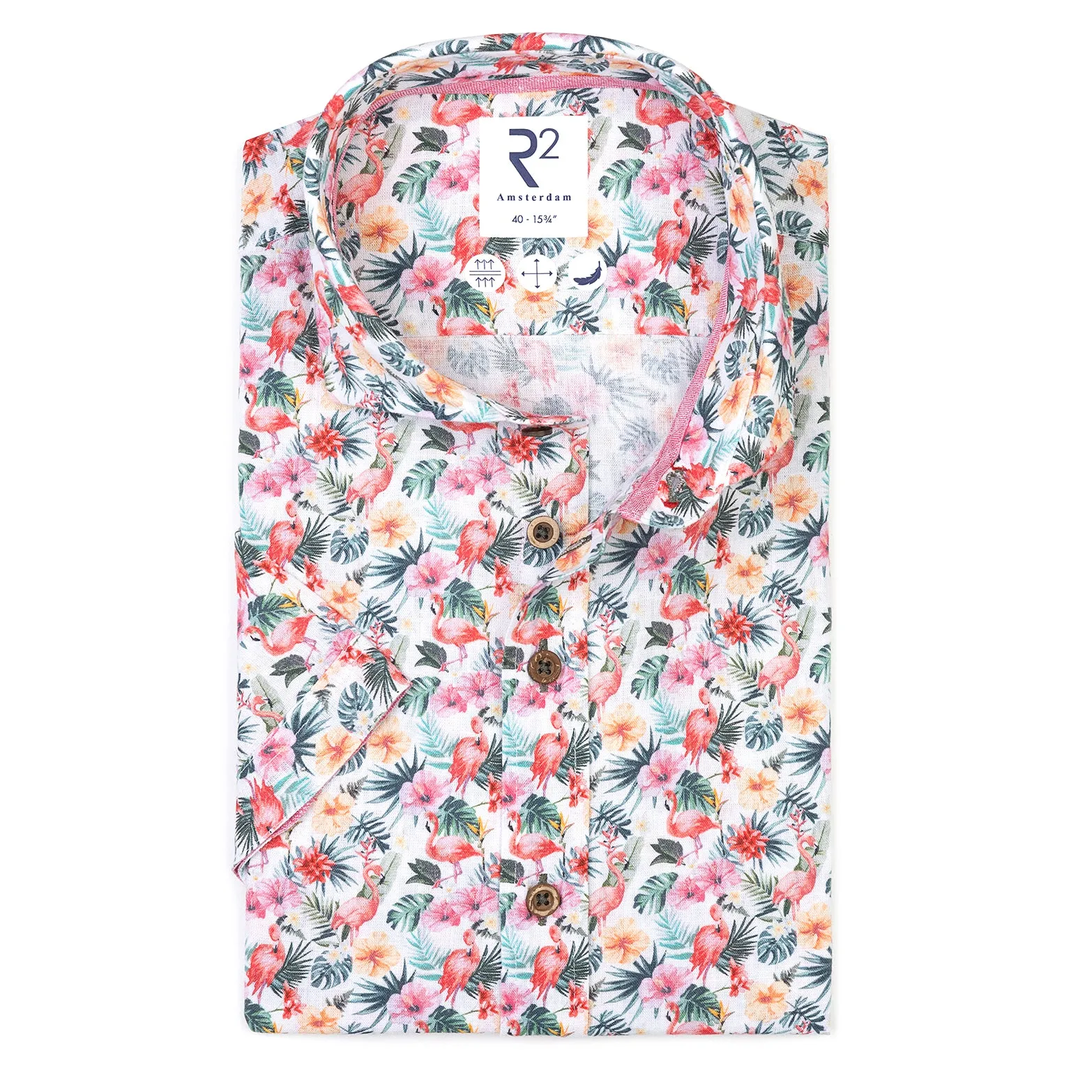 Short-sleeve flamingo print linen blend shirt