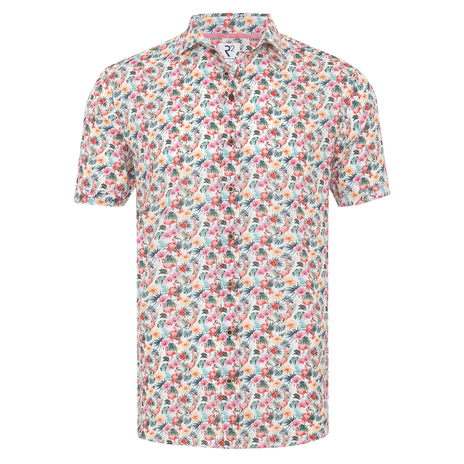 Short-sleeve flamingo print linen blend shirt