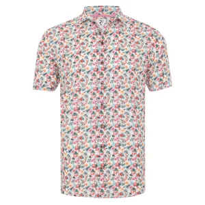 Short-sleeve flamingo print linen blend shirt