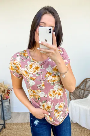 Short Sleeve Floral Pocket Top- Mauve