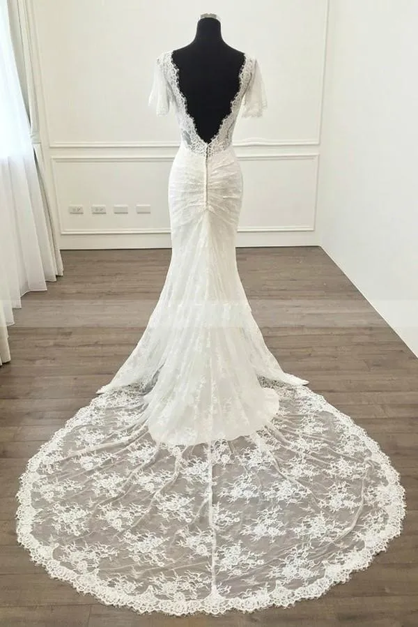 Short Sleeves Lace Wedding Dress Mermaid Style