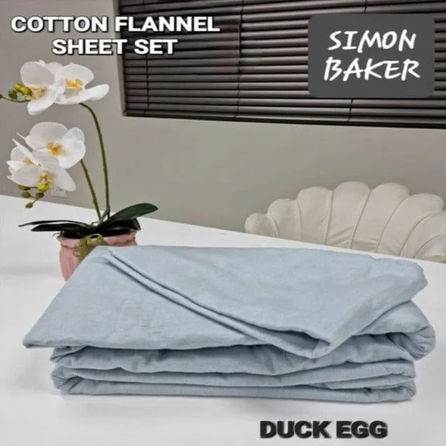 Simon Baker Cotton Flannel Winter Sheet Set Duck Egg 4 Piece