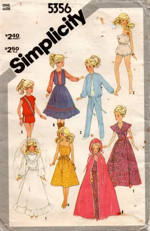 Simplicity 5356 Barbie Doll Clothes & Wedding Dress 1980s Vintage Sewing Pattern Size 11 1/2 Inch Barbie / Teen Dolls