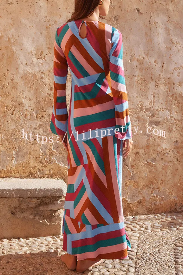 Smooth Lines Color Block Print Long Sleeve Bias Cut Loose Maxi Dress