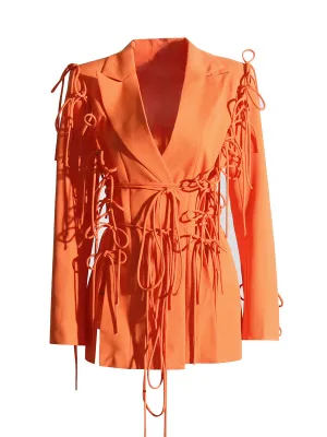 Solid Patchwork Bowknot Lace Up Blazers For Women Notched Collar Long Sleeve